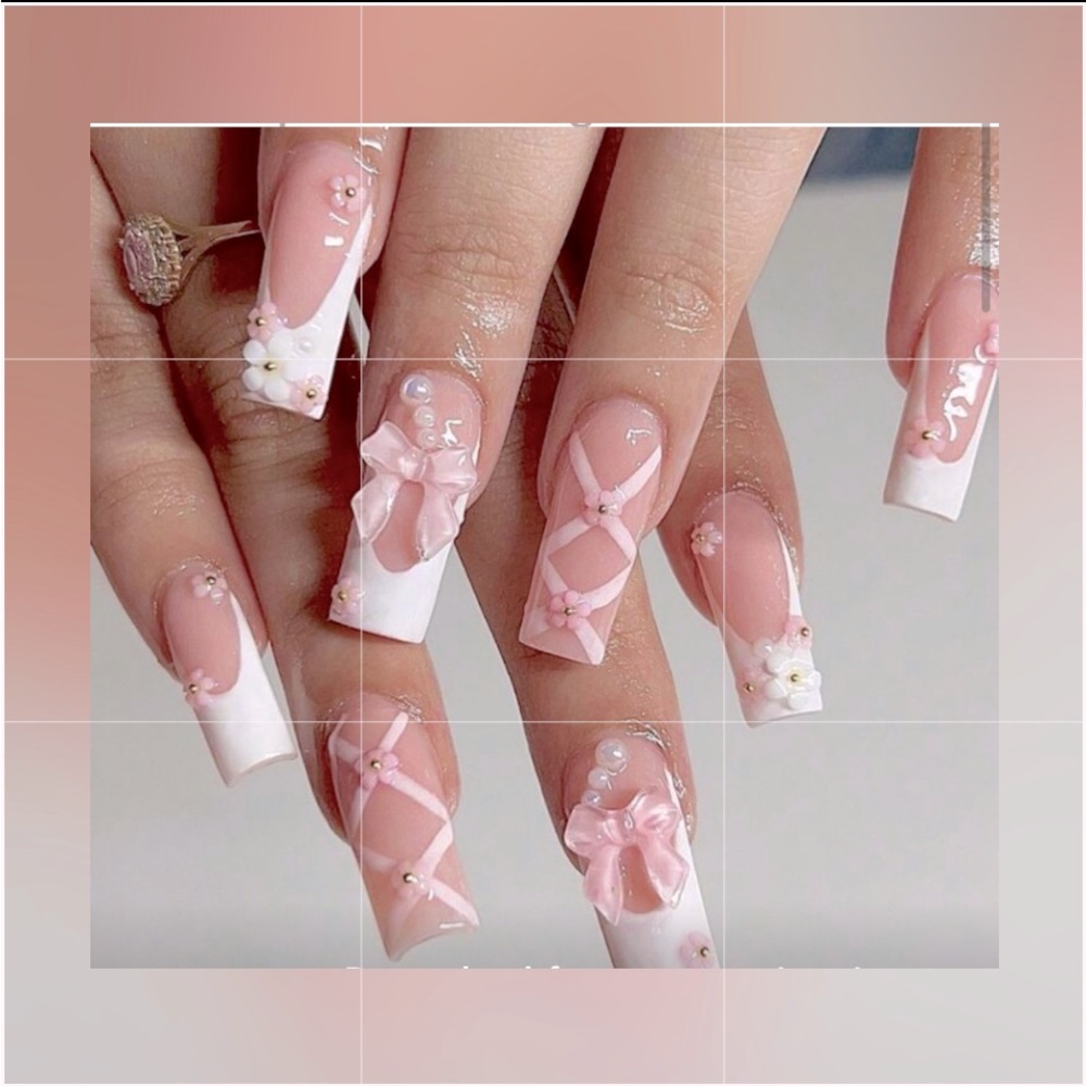 💝Elegant Pink & White 3D Bow Press-On Nails🎀✨